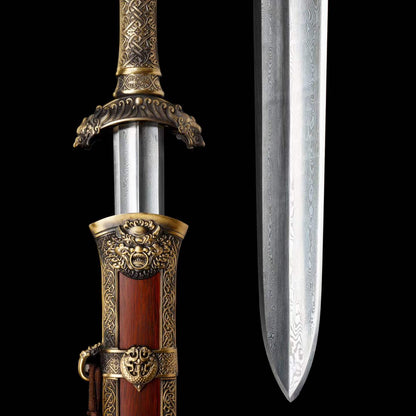 Yu‑Chen Coiled Dragon Jian, Full Tang Construction, Sharp Blade, Hand‑Forged Damascus Steel, Antique‑Finished Solid Copper Fittings, One‑Piece Copper Handle, Dragon‑Phoenix Hardwood Scabbard Wrapped With Full Copper, Historical Collectible Chinese Sword