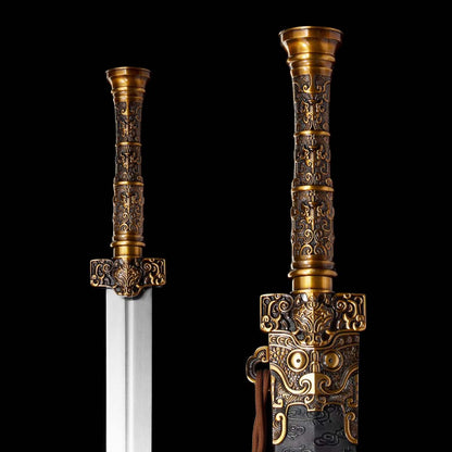Full Tang Ancient Chu Sword Replica, Sharp Cutting Edge, High‑Manganese Steel Blade, Alloy Fittings, Wood Artificial Leather Scabbard Historical Collectible Sword
