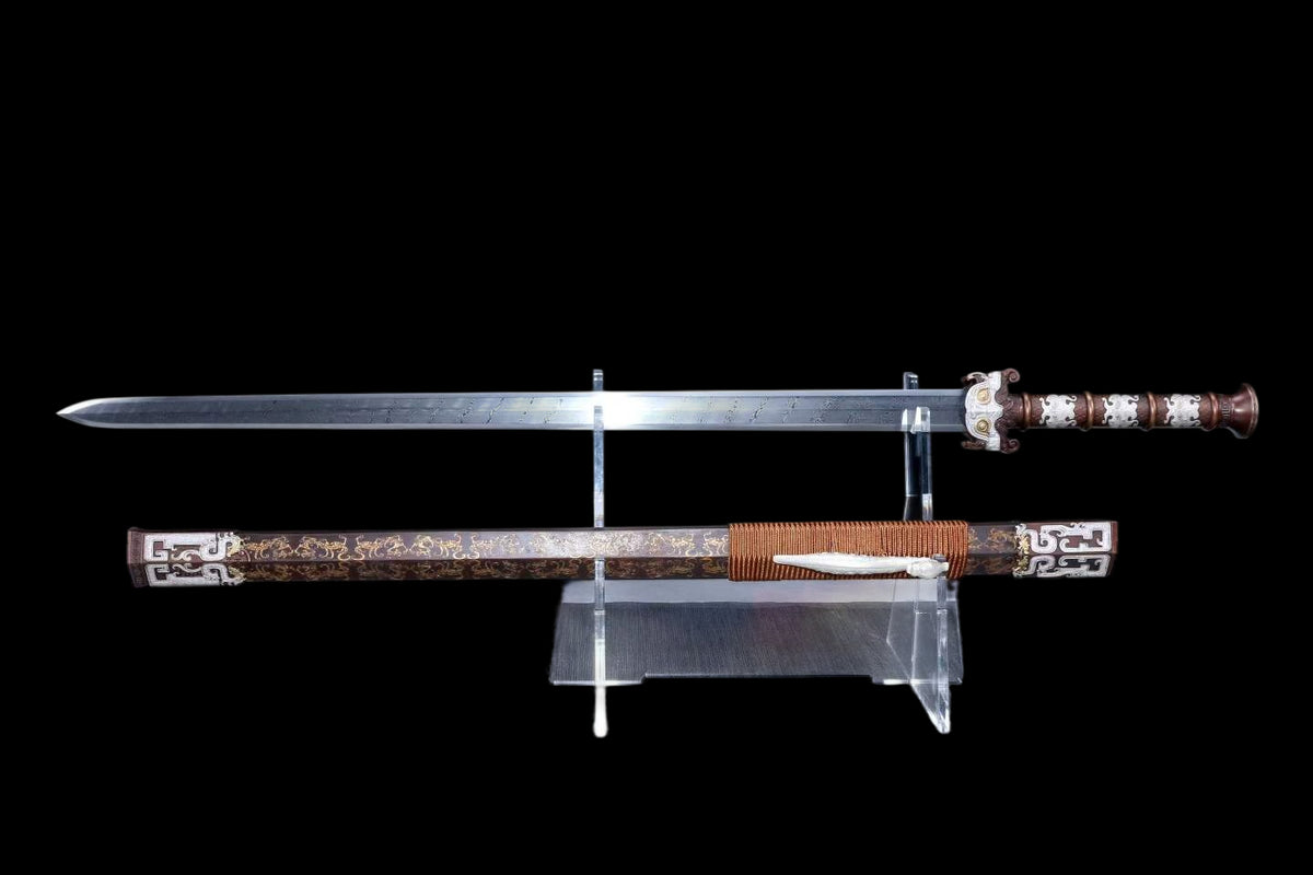 Taotie Ancient Han Jian, Full Tang, Sharp Blade, Hand‑Forged Damascus Steel Blade, Gilt‑Silver Solid Copper Handle & Fittings, Hand‑Carved Copper Scabbard, Ornate Taotie‑Beast Hardware, Collectible Chinese Sword