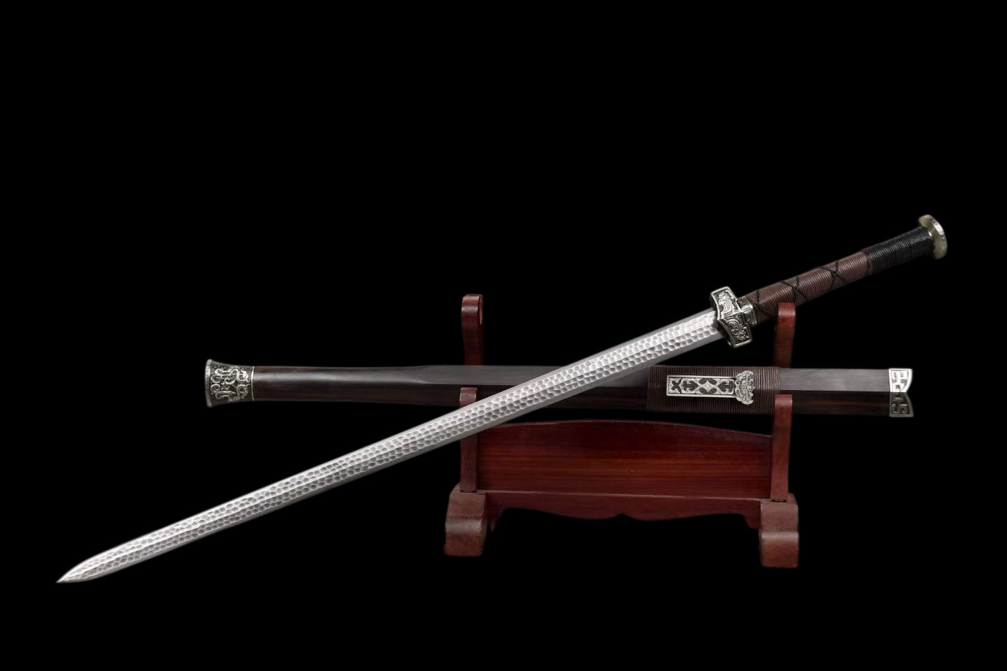 Xuan‑Lan Han Jian, Full Tang Construction, Sharp Blade, Hand‑Forged Stone‑Textured Damascus Steel, Hand‑Carved White‑Copper Fittings, Precious Ebony Wood Scabbard, Historical Collectible Chinese Sword