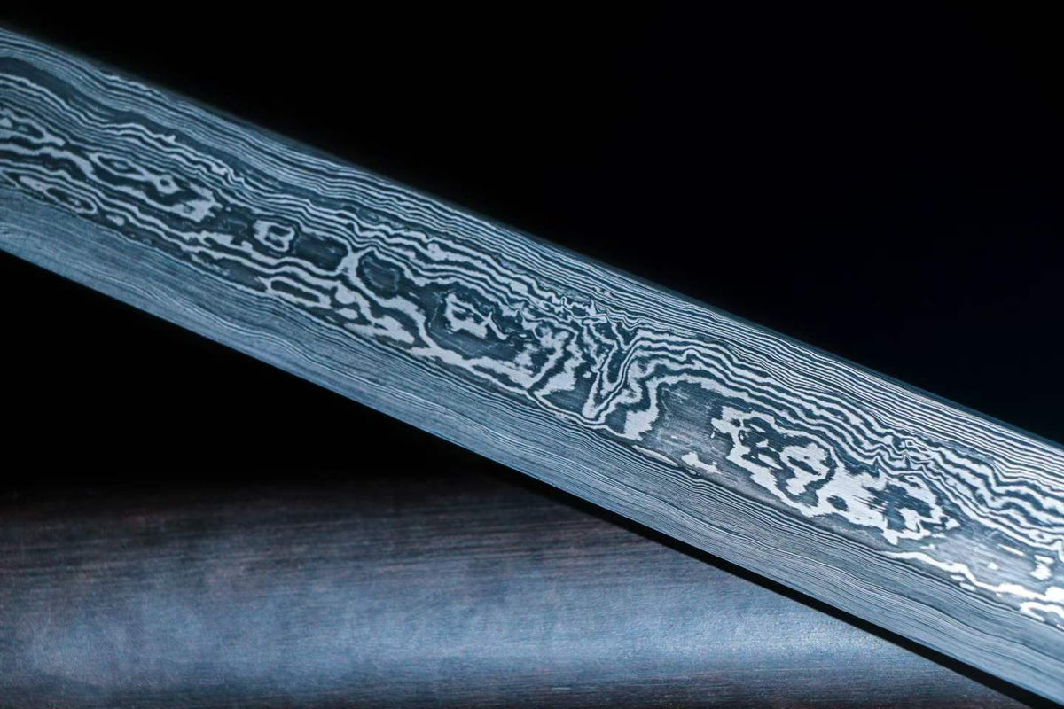 Dark Ink Tang Straight Sword, Full Tang Construction, Sharp Blade, Forged Damascus Steel, Pure Copper Fittings, Premium Ebony Handle & Scabbard, Historical Chinese Collectible Sword