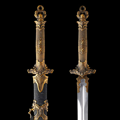 Sharp Blade Chinese Straight Sword, High‑Manganese Steel Blade, Integrated Alloy Handle, Wood Scabbard With Dragon‑Embossed Faux Leather, Historical Collectible Sword