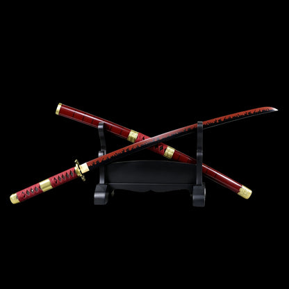 One Piece Zoro Sandai Kitetsu Katana, Full Tang Forged 5160 Spring Steel Sharp Blade Red Flame Pattern Blade, Solid Wood Scabbard Anime Replica Sword for Collection Cosplay Display