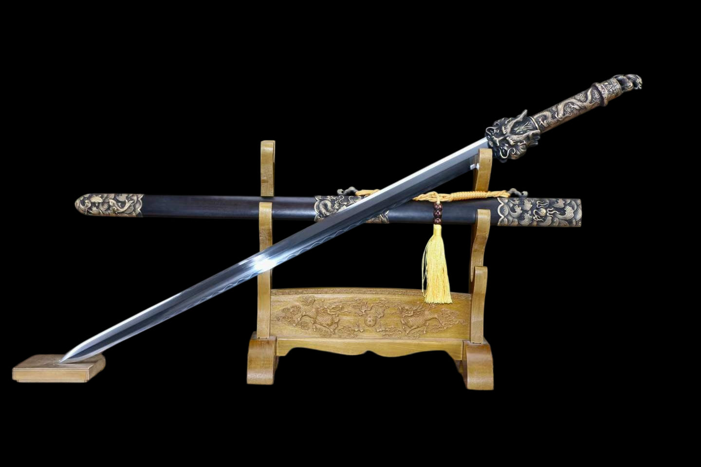 Cang‑Lan Dragon King Sword, Full Tang Construction, T10 Steel Clay‑Tempered Sharp‑Edged Blade, Antique‑Finished Solid Copper Fittings, Premium Ebony Wood Scabbard, Collectible Display Sword