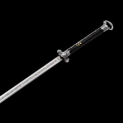 Cold‑Ruins Ring‑Pommel Two‑Handed Chinese Sword, Full Tang, Sharp Blade, High‑Manganese Steel, Alloy Fittings, Wood Handle Wrapped With Leather, Wood Artificial Leather Scabbard Collectible Sword