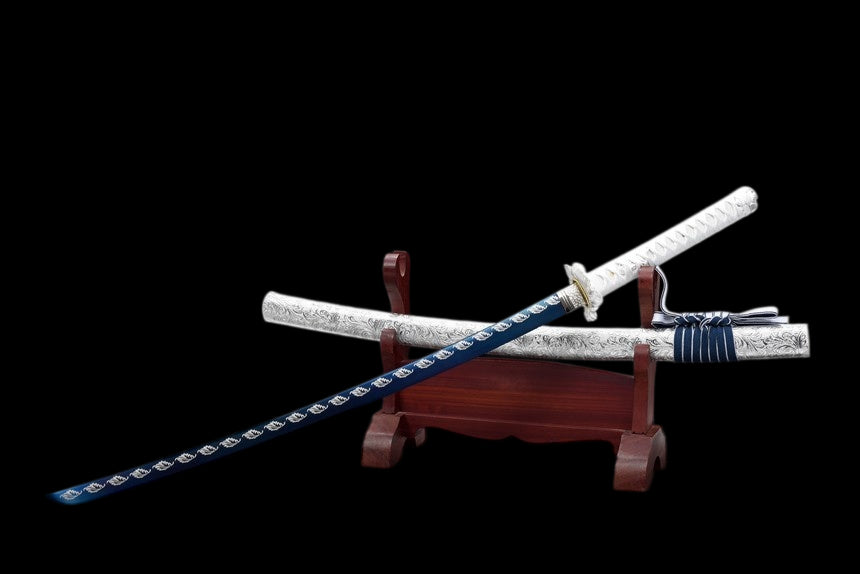 Qinghe Waming Katana, Full Tang Construction, High Manganese Steel Blade, Silver Alloy Lotus & Frog Fittings, Silver Artificial Leather Wrapped Solid Wood Scabbard, Collectible Decorative Sword