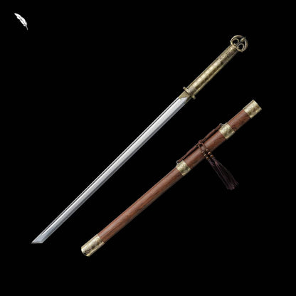 You‑Yun Tang Dao, Full Tang Construction, Sharp Blade, High‑Manganese Steel Blade, Alloy Fittings With Antique Meander Engraving, All‑Metal Integrated Handle, Premium Wing Wood Scabbard, Historical Collectible Chinese Sword