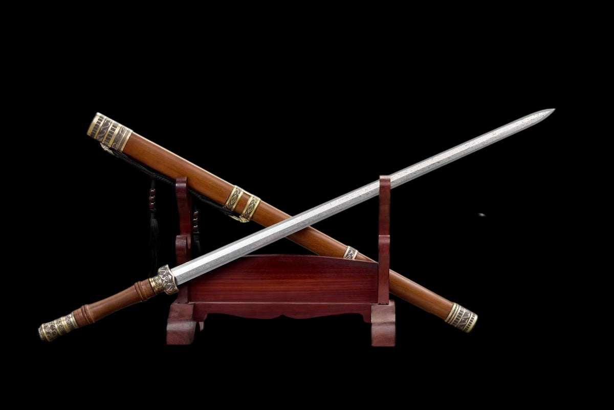 Han Dynasty Damascus Steel Sword, Full Copper Fittings, Premium Dragon‑Phoenix Sandalwood Scabbard, Full‑Tang Construction, Sharp Blade, Hand‑Forged Collectible Decorative Sword
