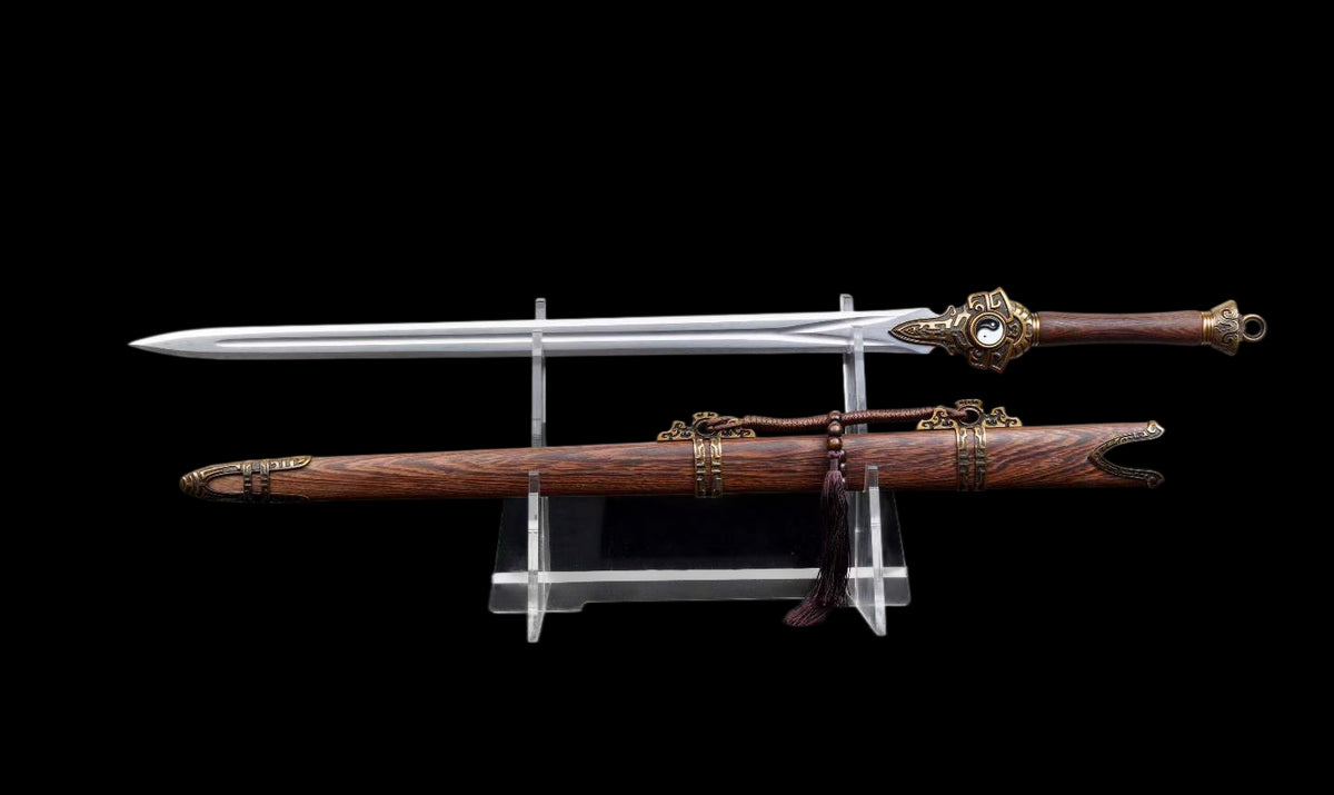 Bagua Chinese Sword, Full Tang Construction, High Manganese Steel Blade, Y-shaped Fuller, Sharp Edge, Rotatable Tai Chi Alloy Fittings, Premium Hainan Huanghuali Wood Scabbard, Collectible Decorative Chinese Sword