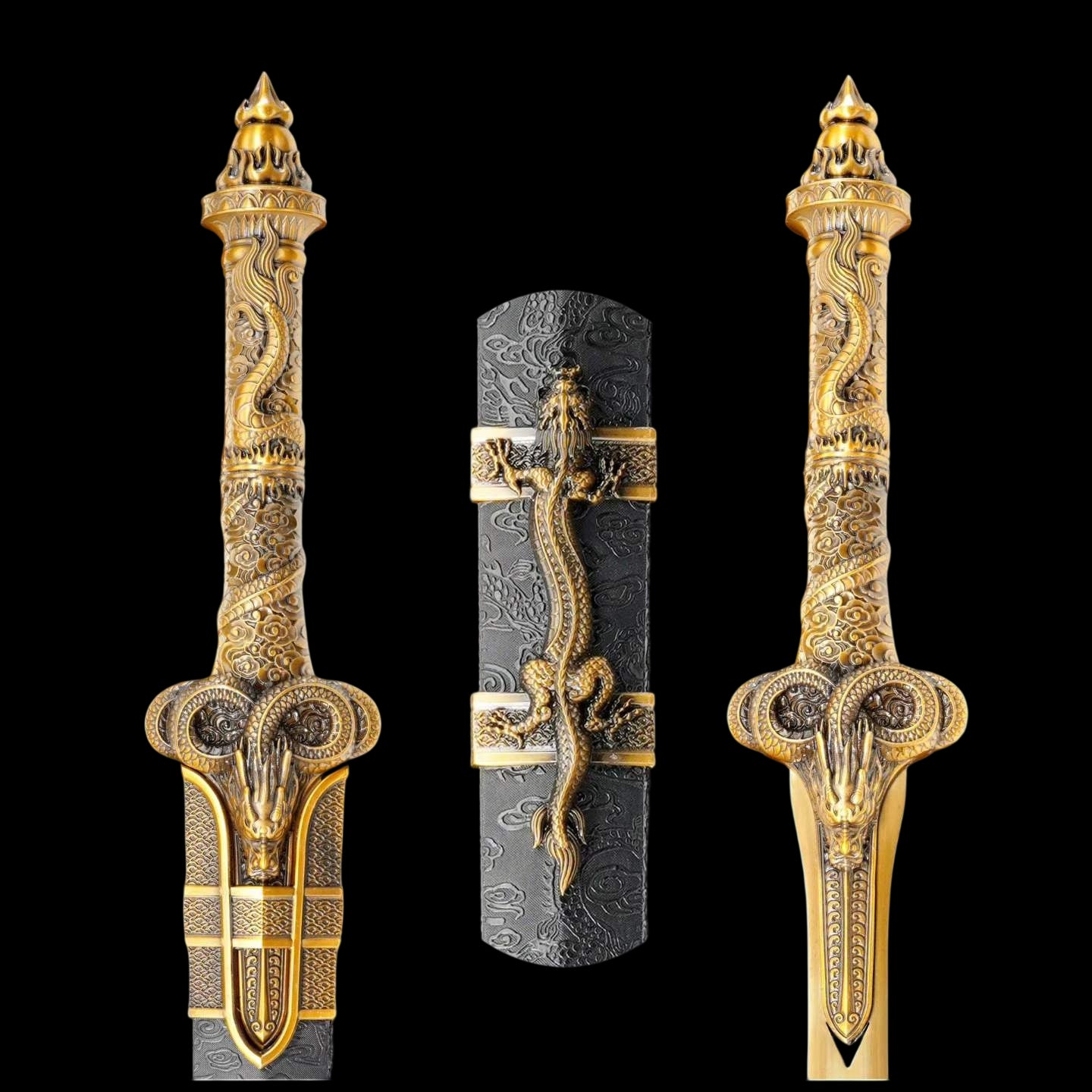 Wandering Dragon Chinese Sword, High‑Manganese Steel Blade, Integrated Alloy Dragon‑Carved Handle, Wood Scabbard Wrapped With Silk, Historical Collectible Sword