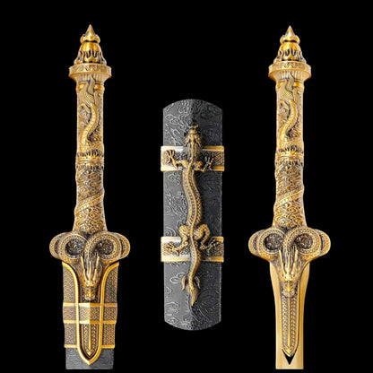 Wandering Dragon Chinese Sword, High‑Manganese Steel Blade, Integrated Alloy Dragon‑Carved Handle, Wood Scabbard Wrapped With Silk, Historical Collectible Sword