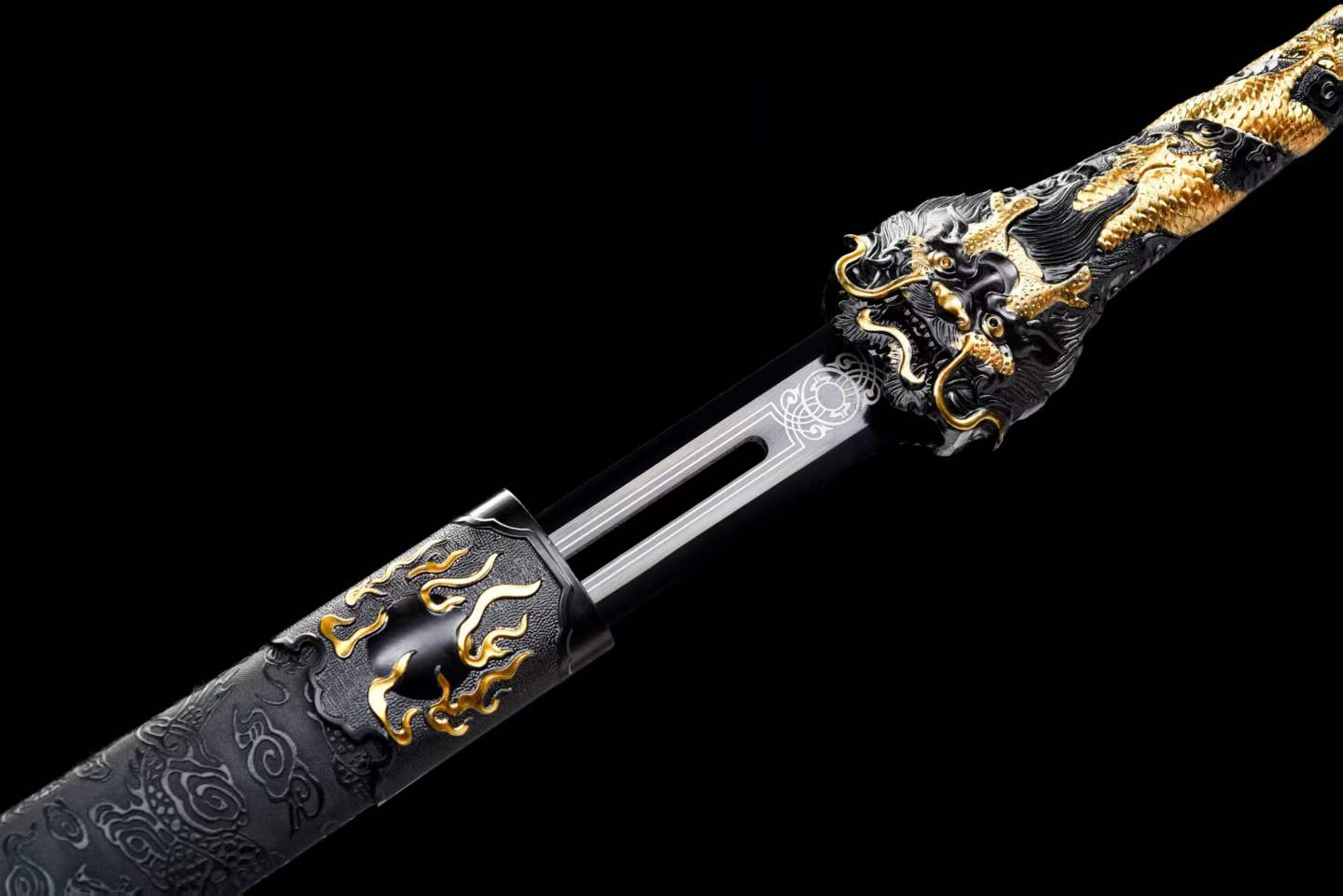 Cang‑Lan Dragon Sky Sword, High‑Manganese Steel Hollow Groove Blade, Full Tang Metal Hilt, Wood Artificial Leather Scabbard Collectible Chinese Sword
