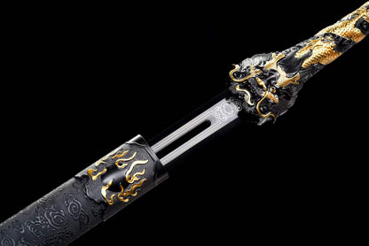 Cang‑Lan Dragon Sky Sword, High‑Manganese Steel Hollow Groove Blade, Full Tang Metal Hilt, Wood Artificial Leather Scabbard Collectible Chinese Sword