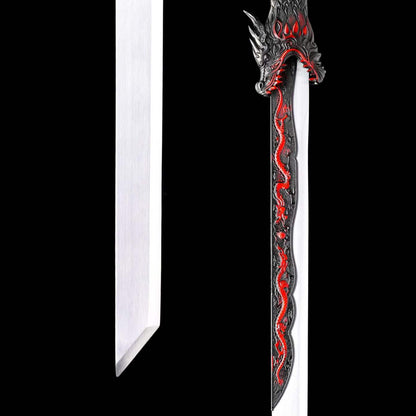 Full Tang Dragon Themed Straight Sword Replica, Sharp Cutting Edge, High‑Manganese Steel Blade, One‑Piece Alloy Handle, Wood Artificial Leather Scabbard Historical Collectible Sword