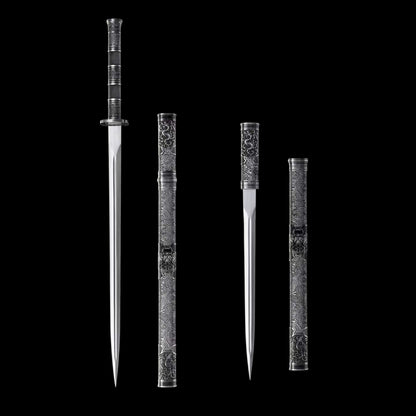 Full Tang Twin Dragon Mother & Son Sword Set, High Manganese Steel Chinese Double Sword, Sharp Blade, Antique Silver Carved Fittings, Decorative Collectible Sword