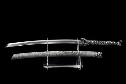 Dragon Roar Mystic Scale, Damascus Steel Forged Blade, Alloy Dragon Fittings, Full Tang Construction, Sharp Edge, Collectible Decorative Sword