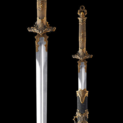 Sharp Blade Chinese Straight Sword, High‑Manganese Steel Blade, Integrated Alloy Handle, Wood Scabbard With Dragon‑Embossed Faux Leather, Historical Collectible Sword