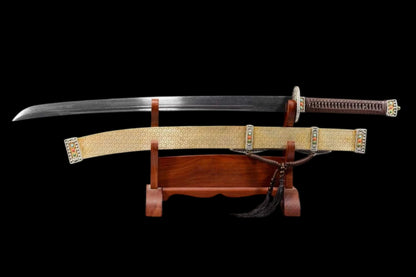 Full Tang Golden Talisman Saber, Hand Carved Two-Tone Copper Fittings, Solid Wood Handle Wrapped with Cord, Damascus Steel Sharp Edge, Pure Copper Wrapped Solid Wood Scabbard, Chinese Collectible Sword