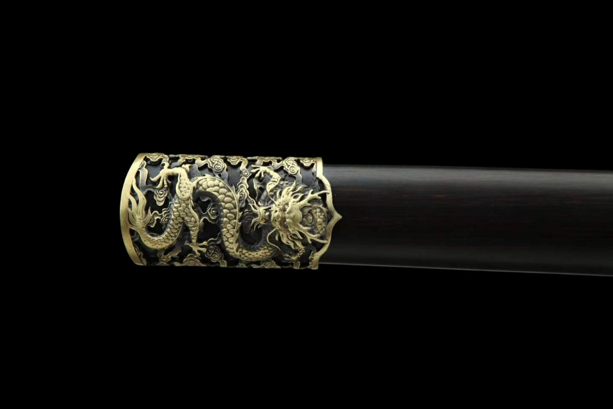 Rui Long Tang Dao, Damascus Steel Hand‑Forged Blade, Brass Intricately Carved Aged Fittings, Premium Ebony Scabbard, Full‑Tang Construction, Sharp Edge, Collectible Decorative Tang Sword