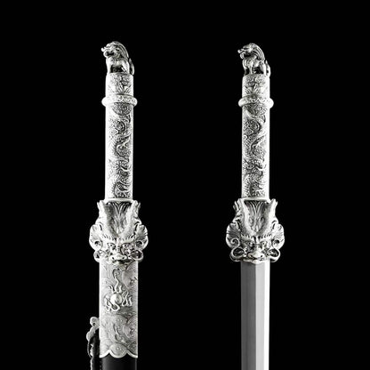 Cang‑Lan Dragon Sovereign Jian, Full Tang Construction, Sharp Blade, High Manganese Steel Octahedral Blade, Alloy Dragon‑Wave Fittings, Premium Ebony Wood Scabbard, Historical Collectible Chinese Sword