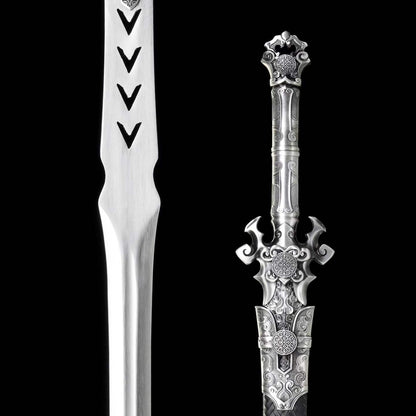 Full Tang Demon Sword Supreme Fantasy Replica, Sharp Blade, High‑Manganese Steel Blade, Alloy Metal Handle, Solid Wood Artificial Leather Scabbard, Fantasy Decorative Collectible Sword