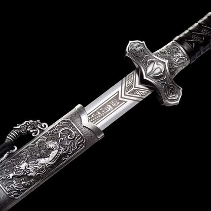 Cold‑Ruins Ring‑Pommel Two‑Handed Chinese Sword, Full Tang, Sharp Blade, High‑Manganese Steel, Alloy Fittings, Wood Handle Wrapped With Leather, Wood Artificial Leather Scabbard Collectible Sword