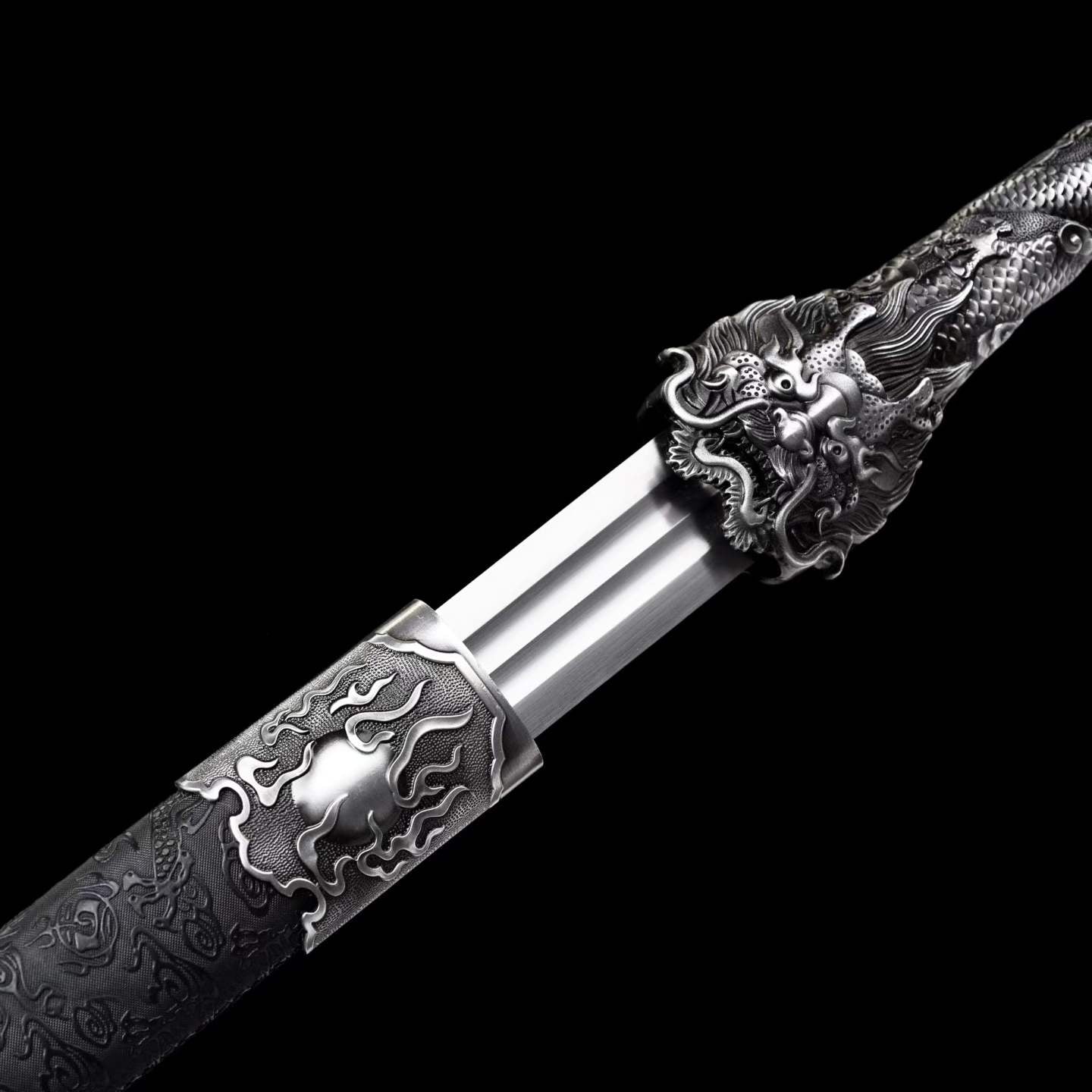Coiled‑Dragon Ring‑Pommel Jian, Full Tang Construction, Sharp Blade, Forged High‑Manganese Steel Double Fuller Blade, Alloy Dragon‑Carved Fittings, One‑Piece Metal Handle, Solid‑Wood Faux‑Leather Wrapped Scabbard, Historical Chinese Collectible Sword