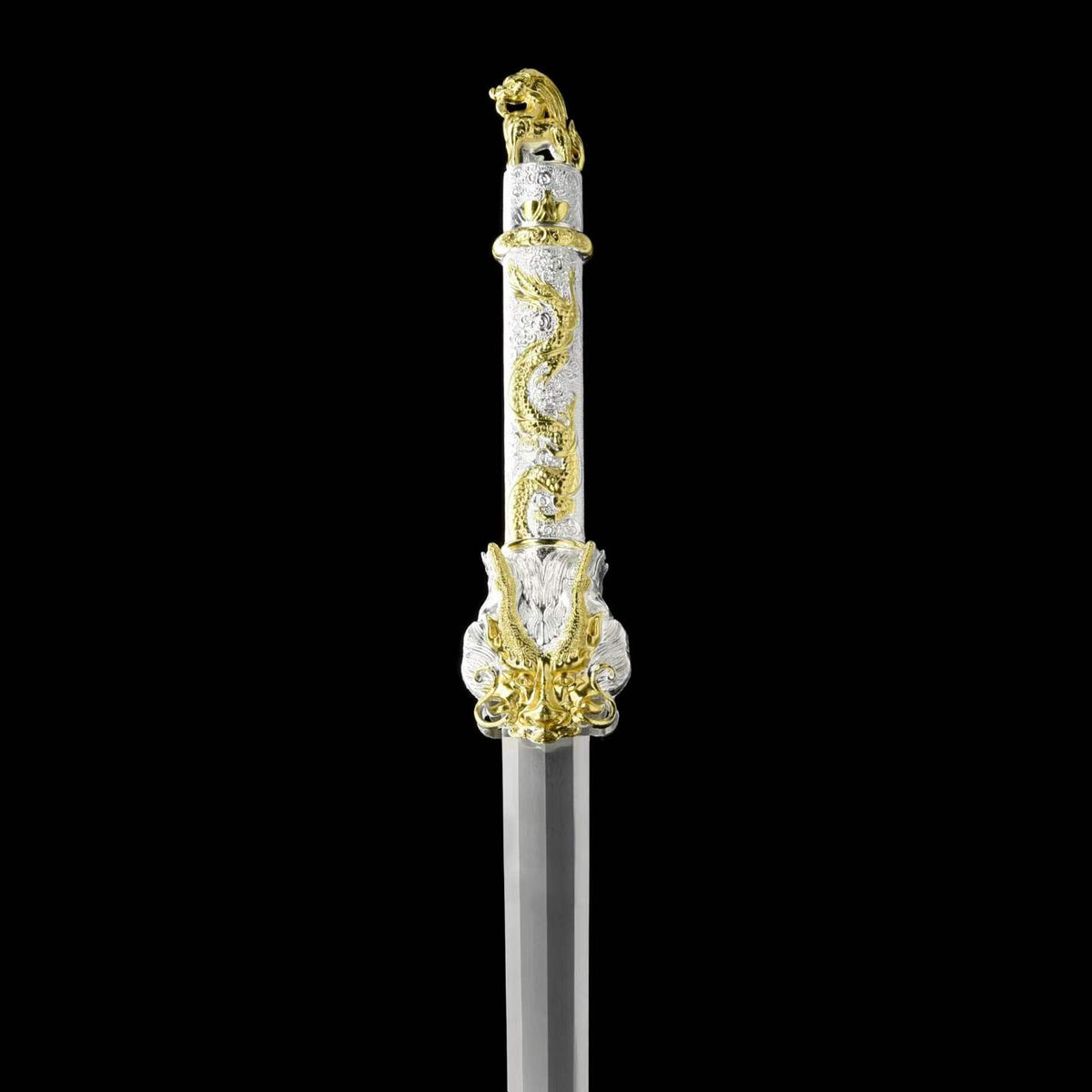 Golden Dragon Koi Chinese Jian, Full Tang Construction, High Manganese Steel Blade, Sharp Edge, Alloy Fittings, Premium Ebony Scabbard, Collectible Decorative Chinese Sword