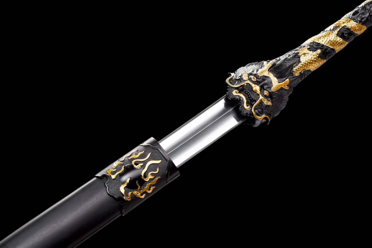 Dragon Theme Chinese Sword, High Manganese Steel Forged, Full Tang, Sharp Blade, Mirror Polished Convex Blade, Ebony Scabbard Collectible Decorative Sword
