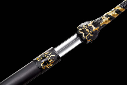Dragon Theme Chinese Sword, High Manganese Steel Forged, Full Tang, Sharp Blade, Mirror Polished Convex Blade, Ebony Scabbard Collectible Decorative Sword