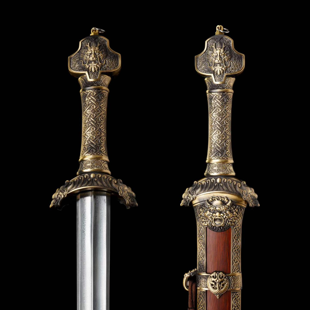 Yu‑Chen Coiled Dragon Jian, Full Tang Construction, Sharp Blade, Hand‑Forged Damascus Steel, Antique‑Finished Solid Copper Fittings, One‑Piece Copper Handle, Dragon‑Phoenix Hardwood Scabbard Wrapped With Full Copper, Historical Collectible Chinese Sword
