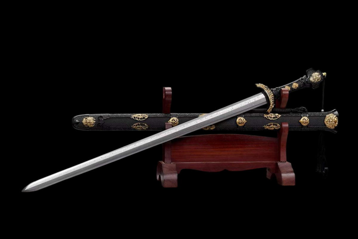 Golden Lion Chinese Jian, Full Tang Construction, Sharp Blade, Hand-Forged Damascus Steel Blade, Alloy Gold-Plated Fittings, Wooden Scabbard Wrapped With Artificial Leather, Collectible Historical Chinese Sword