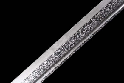 Darknight Tang Heng Dao, Full Tang Construction, Sharp Blade, Forged Damascus Steel, Alloy Cloud‑Beast Carved Fittings, Premium Dragon‑Phoenix Hardwood Scabbard, Historical Collectible Chinese Sword