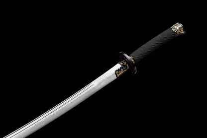 Han‑Mei‑Jin Spring‑Autumn Dao, Full Tang Construction, Sharp Blade, Damascus Steel Forged, Plum‑Blossom Alloy Fittings, Cord‑Wrapped Wood Handle, Premium Dragon‑Phoenix Hardwood Scabbard, Historical Replica Collectible Sword