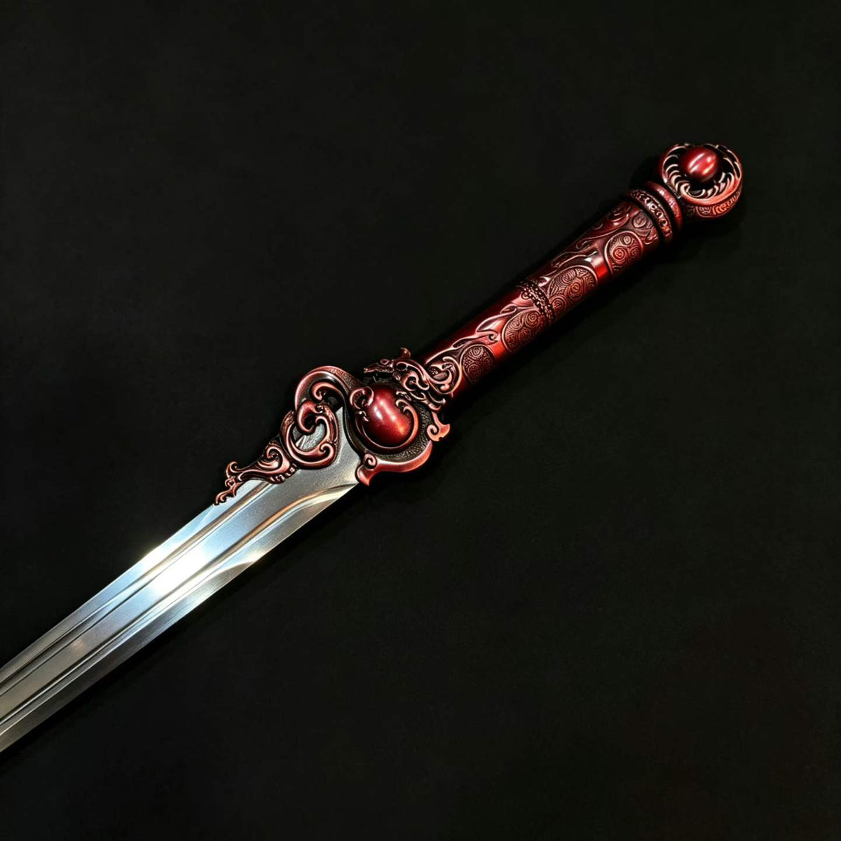Blazing Dragon Soul Sword, One‑Piece Metal Handle, **Full Tang Construction, Sharp Blade**, Forged High‑Manganese Steel Blade, Red Alloy Dragon Fittings, Solid Wood Scabbard Wrapped in Artificial Leather, Chinese Fantasy Collectible Sword