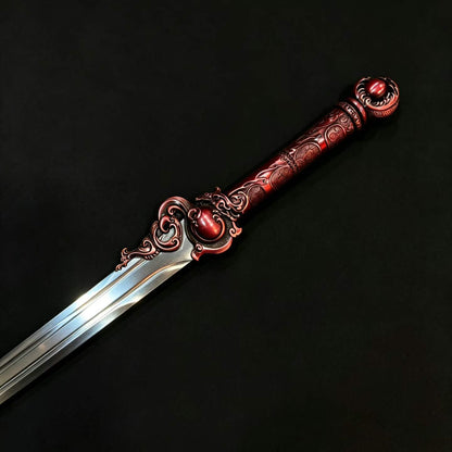 Blazing Dragon Soul Sword, One‑Piece Metal Handle, **Full Tang Construction, Sharp Blade**, Forged High‑Manganese Steel Blade, Red Alloy Dragon Fittings, Solid Wood Scabbard Wrapped in Artificial Leather, Chinese Fantasy Collectible Sword