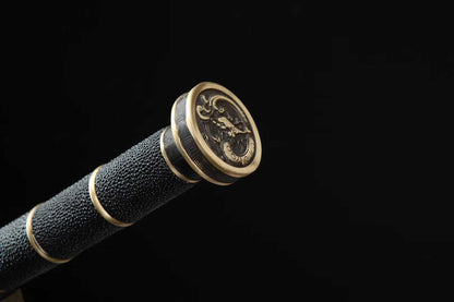 20‑Inch Black Ray‑Skin Ruyi Chinese Jian, Full Tang Construction, Sharp Blade, Hand Forged Damascus Steel Blade, Aged Solid Copper Fittings, Genuine Ray‑Skin Wrapped Scabbard, Historical Replica Collectible Sword