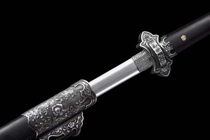 Jin‑Shuang Tang Dao, Full Tang Construction, Sharp Blade, High‑Manganese Steel Blade, Zinc‑Alloy Peony Engraved Fittings, Premium Ebony Wood Handle And Scabbard, Historical Replica Collectible Sword