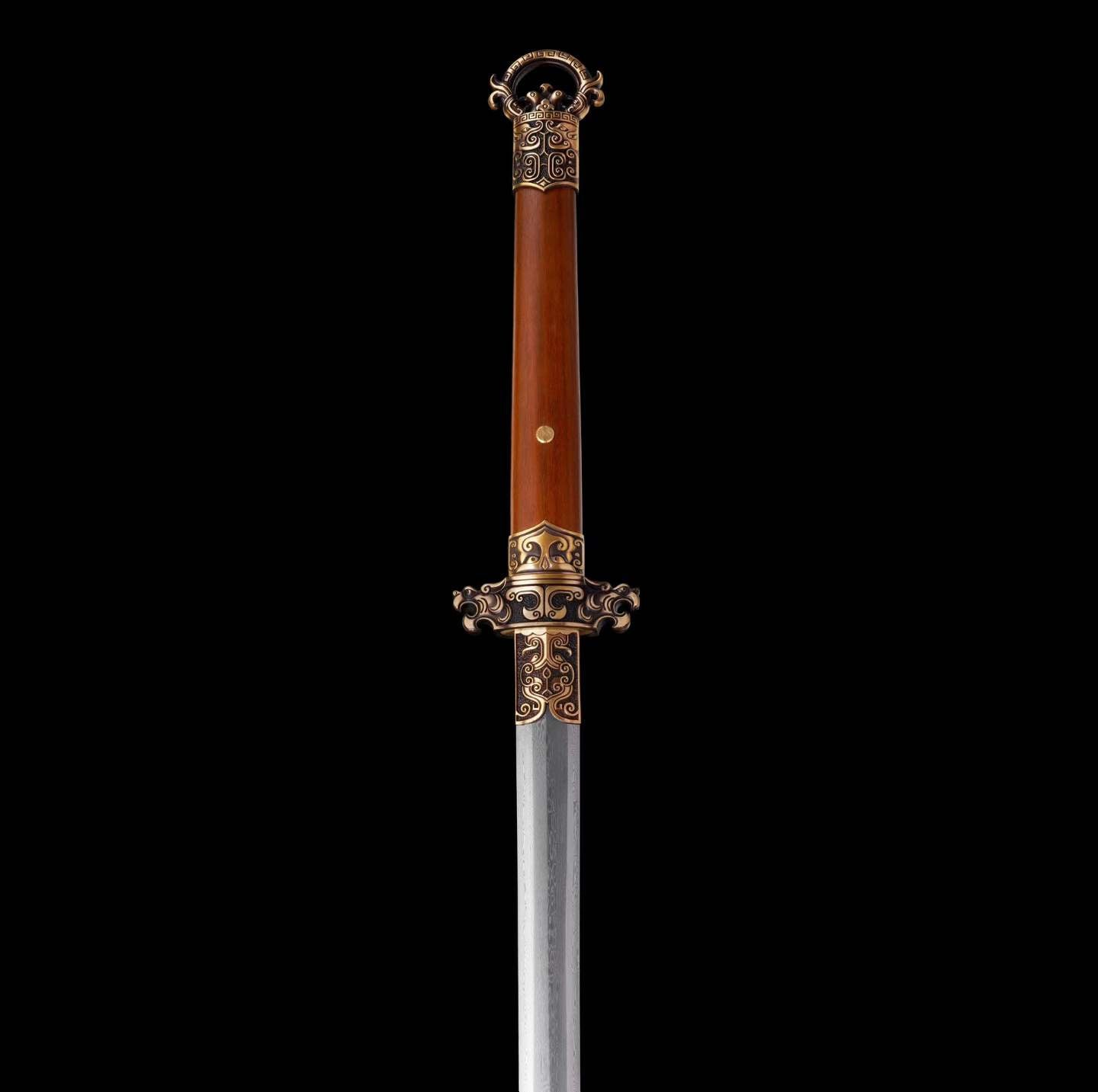 Autumn-Water Tang Sword, Full Tang Construction, Sharp Blade, Forged Damascus Steel, Brass Fittings, Premium Dragon-Phoenix Hardwood Handle And Scabbard, Ancient Chinese Heroic Replica Sword
