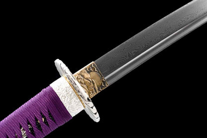 Purple Shadow Katana, Full Tang Construction, Forged Damascus Steel Blade, Sharp Edge, Lacquer Painted Solid Wood Scabbard, Collectible Decorative Japanese Sword
