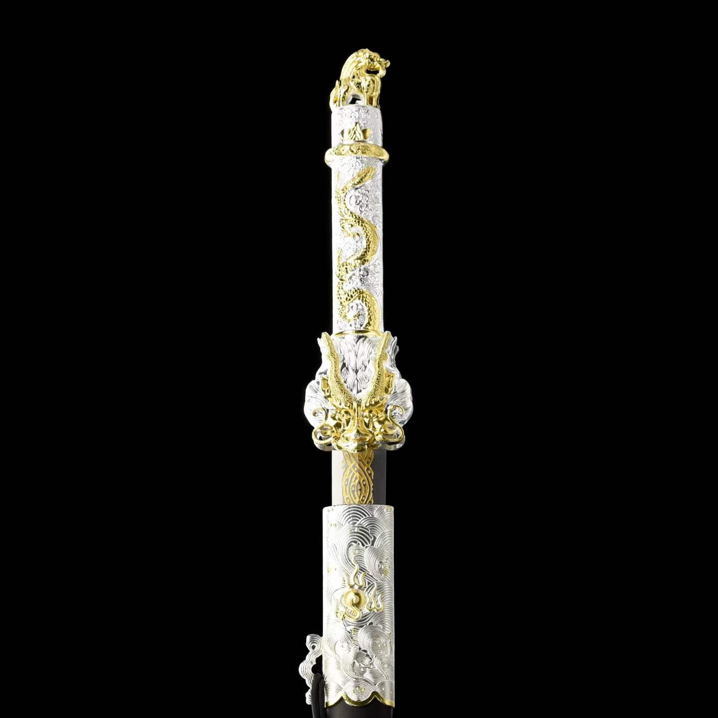 Dragon‑King Chinese Sword, Full Tang Construction, Sharp Blade, High‑Manganese Steel Eight‑Sided Blade With Engraved Gilded Pattern, Zinc Alloy Fittings, Premium Ebony Wood Scabbard, Myth‑Inspired Collectible Sword