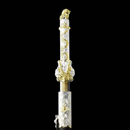 Dragon‑King Chinese Sword, Full Tang Construction, Sharp Blade, High‑Manganese Steel Eight‑Sided Blade With Engraved Gilded Pattern, Zinc Alloy Fittings, Premium Ebony Wood Scabbard, Myth‑Inspired Collectible Sword