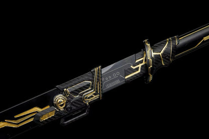 Golden Circuit Cyberpunk Tang Dao, Full Tang Forged Steel Straight Sword, Futuristic Sci-Fi Golden Circuit Etching with Aluminum Alloy Scabbard for Cosplay Display Collection