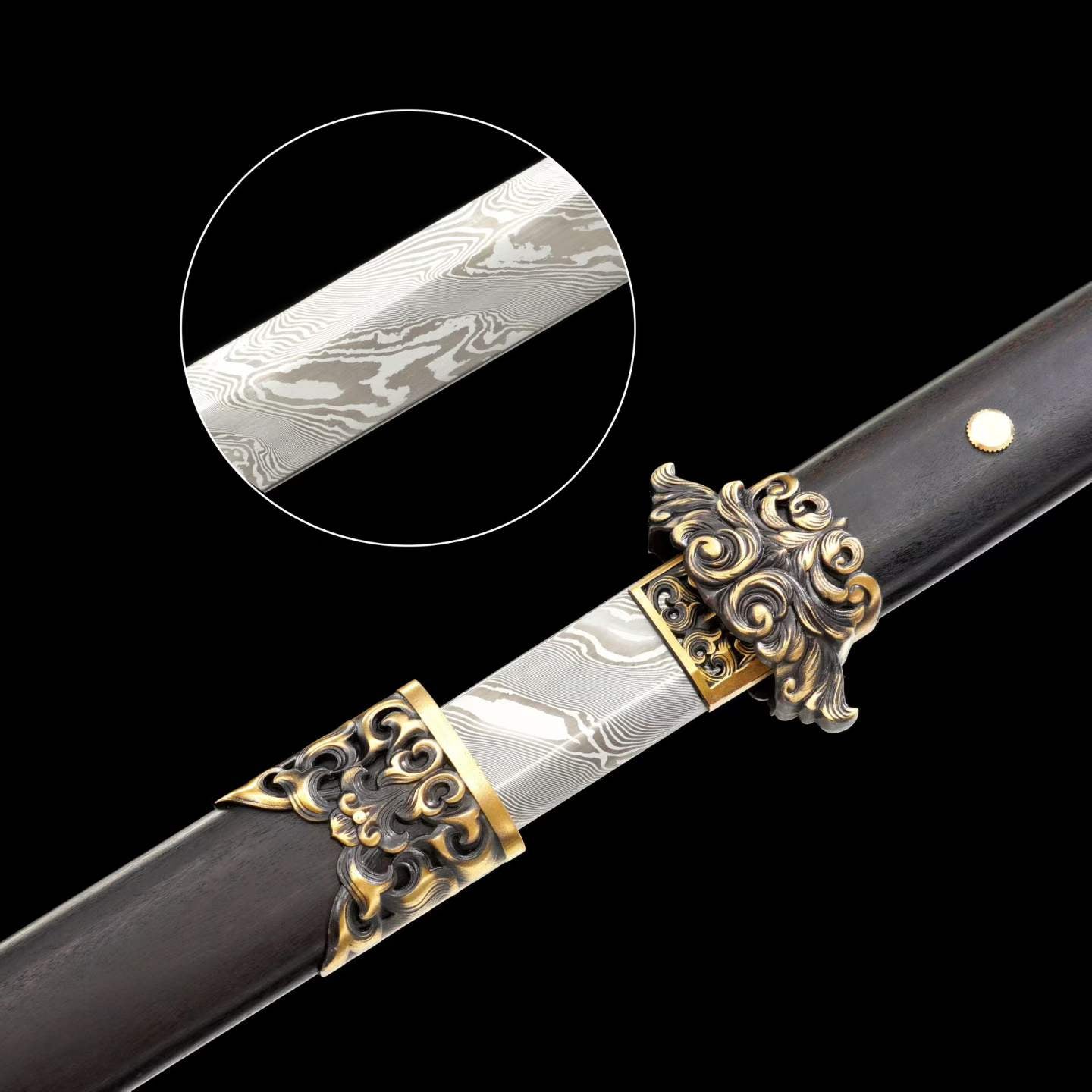 Full Tang Dao Replica, Sharpened Blade, Twist Pattern Damascus Steel Forged, Dragon‑Phoenix Sandalwood Scabbard & Handle, Brass Fittings Collectible Sword