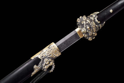 Suanni Tang Dao, Full Tang Construction, Sharp Blade, Damascus Steel Forged Blade, Premium Ebony Wood Handle And Scabbard, Historical Replica Collectible Sword