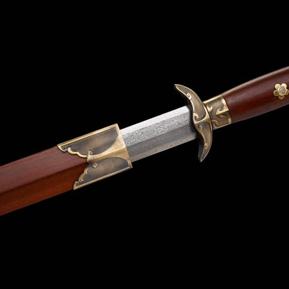 Hanchuan Song Dynasty Chinese Sword, Full Tang Construction, Sharp Blade, Eight‑Sided Forged Damascus Steel, Antique Bronze Cloud‑Pattern Fittings, Premium Dragon‑Phoenix Hardwood Handle And Scabbard, Historical Collectible Sword