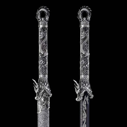 Full Tang Straight Sword Replica, High‑Manganese Steel Blade, One‑Piece Alloy Handle, Wood Artificial Leather Scabbard Historical Collectible Sword