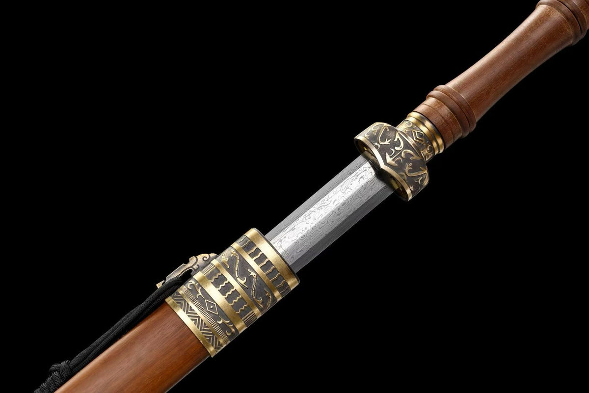 Han Dynasty Damascus Steel Sword, Full Copper Fittings, Premium Dragon‑Phoenix Sandalwood Scabbard, Full‑Tang Construction, Sharp Blade, Hand‑Forged Collectible Decorative Sword