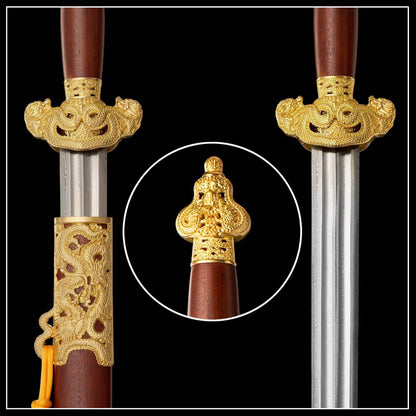 Nine‑Dragon Sword, Full Tang Hand Forged Damascus Steel Chinese Jian, Sharp Blade, Dual Fullers, Alloy Fittings With Gold‑Toned Open‑Work Dragon Ornaments, Dragon‑Phoenix Sandalwood Handle & Scabbard, Historical Collectible Sword