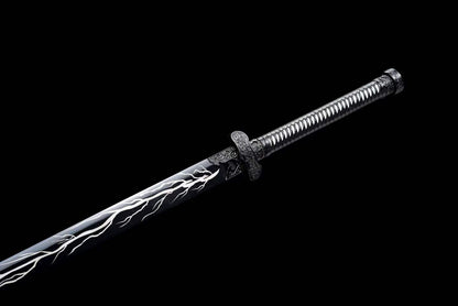 Thunder Tribulation Blade, Full Tang Construction, Forged High Manganese Steel, Sharp Edge, Alloy Fittings, Cord Wrapped Solid Wood Handle, Artificial Leather Wrapped Solid Wood Scabbard, Collectible Decorative Sword